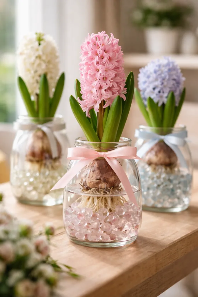 Hyazinthen im Glas mit Glasperlen und Schleifen als elegante Frühlingsdeko