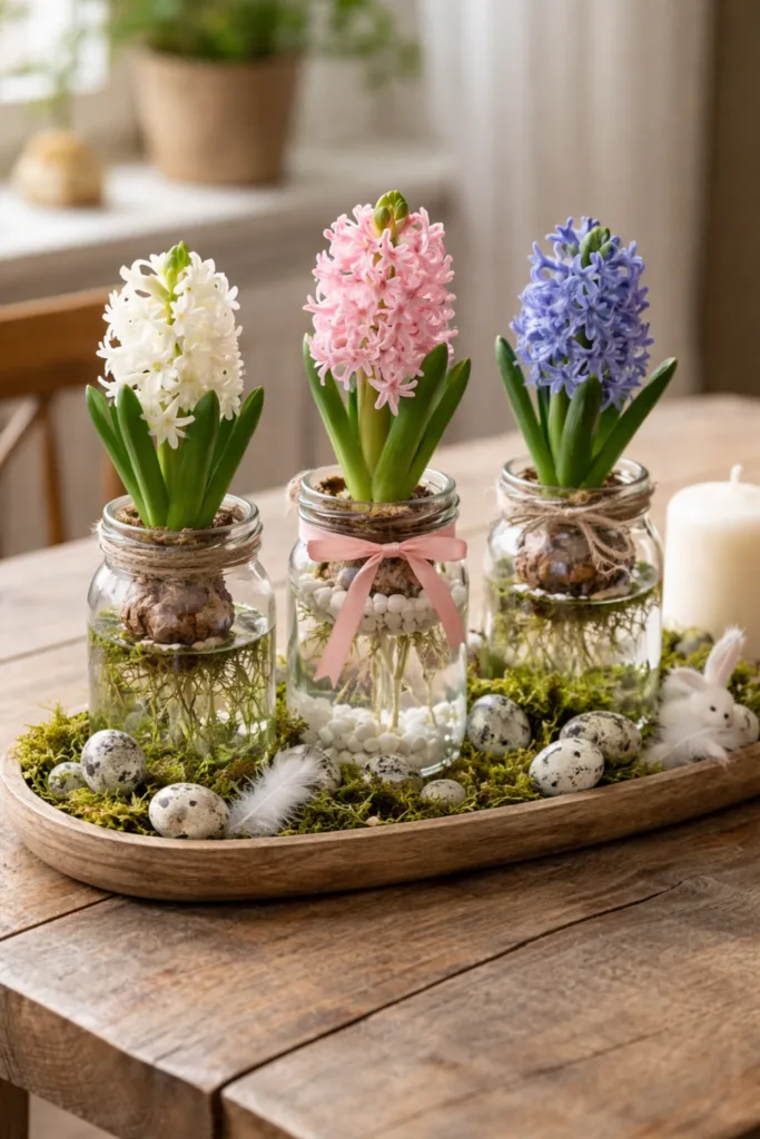 Dekoidee: Hyazinthen im Glas mit Moos, Eiern und Kerze auf Holztablett