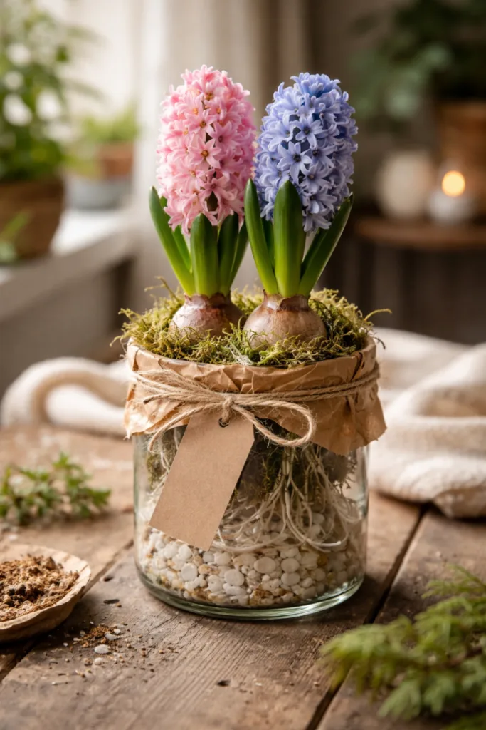Hyazinthen im Glas als Geschenkidee mit Moos, Papierband und natürlichen Akzenten