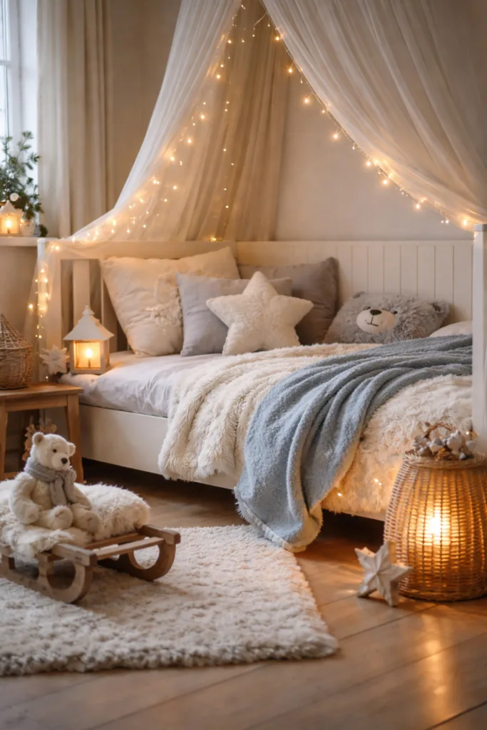 Winterdeko fürs Kinderzimmer mit Lichterkette, Kissen und warmer Kuscheldecke