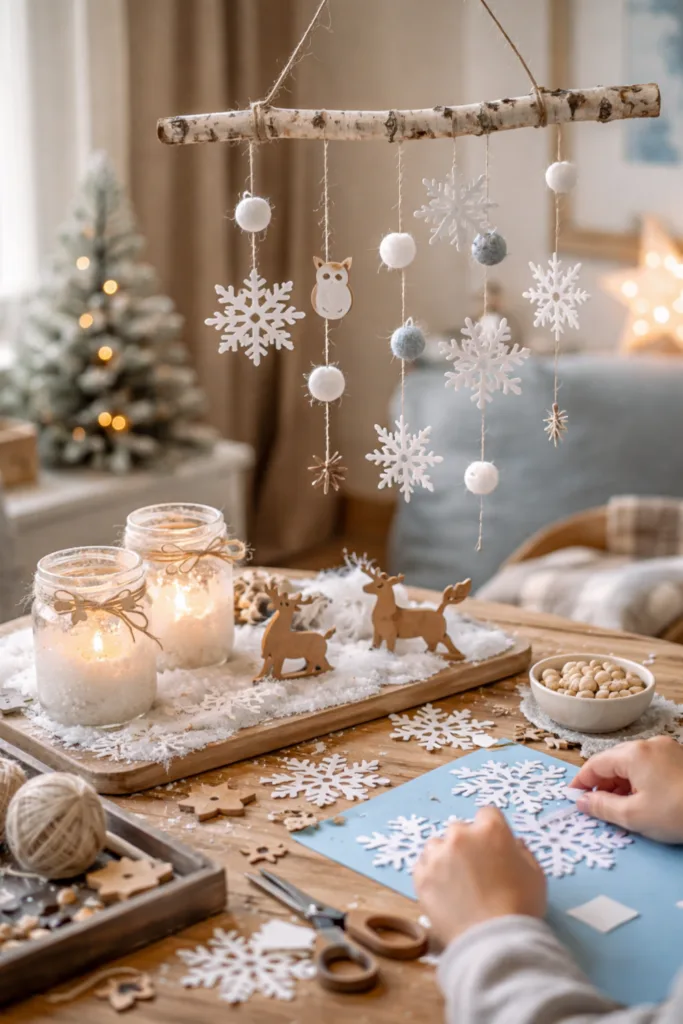 DIY-Winterdeko im Kinderzimmer mit Schneeflocken, Lichtergläsern und Holzfiguren