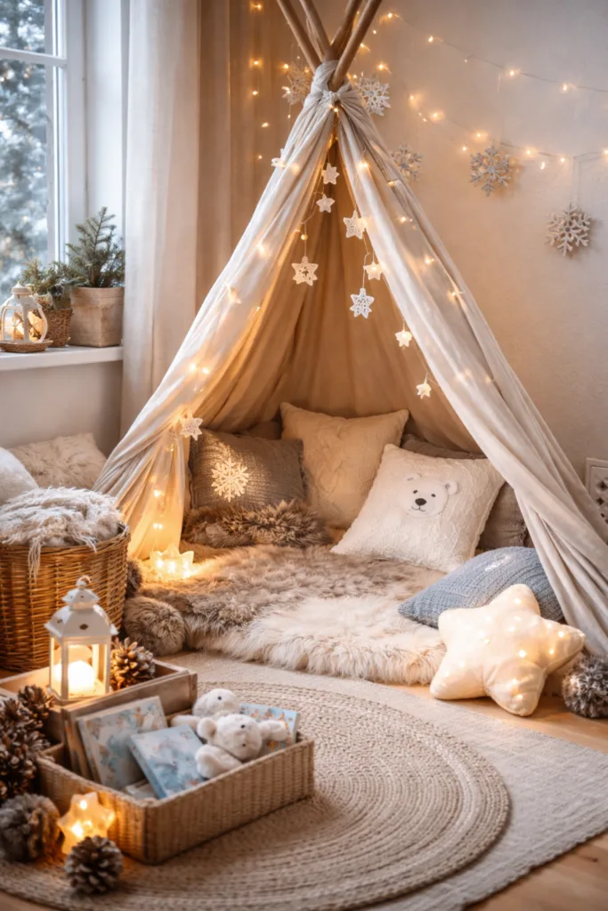Winterdeko im Kinderzimmer mit Tipi, Kissen, Lichterkette und Kuscheldecken