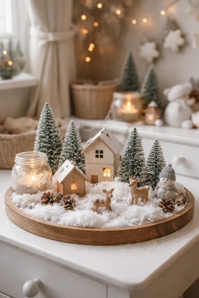 Mini Winterlandschaft im Kinderzimmer mit Holzfiguren, Tannen und LED-Licht