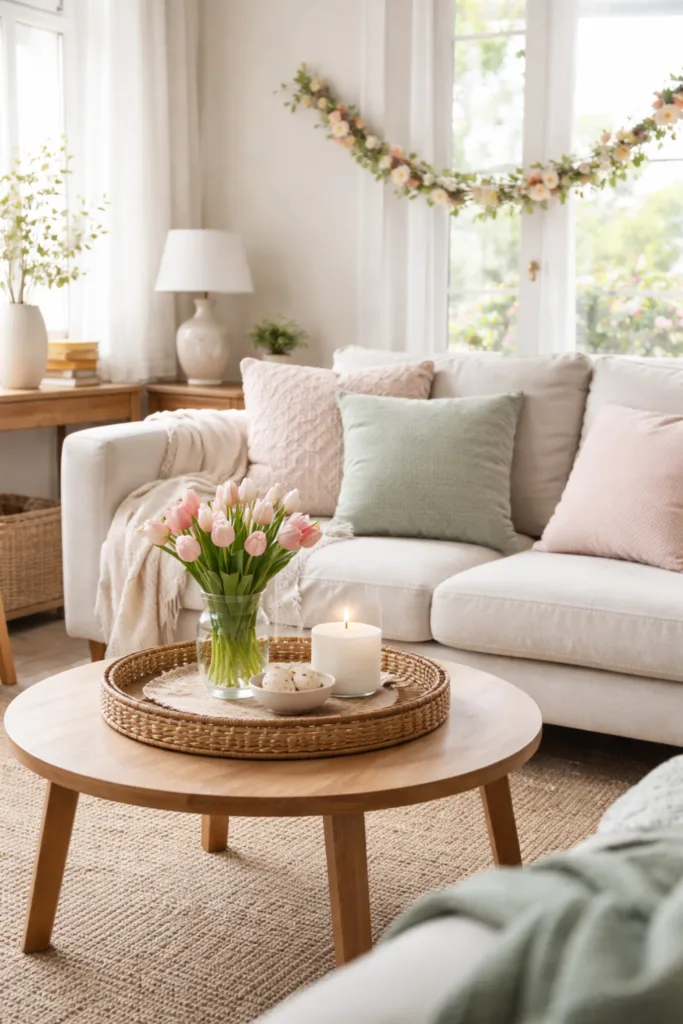 Frühlingsdeko Trends 2026 - 5 frische Ideen für dein Zuhause Wohnzimmer mit Frühlingsdeko 2026 in Pastellfarben, Rattan, Holz und frischen Tulpen