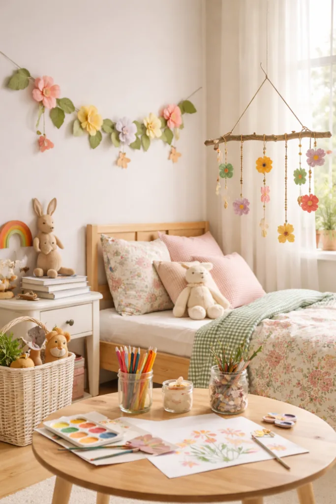 Frühlingsdeko Trends 2026 - 5 frische Ideen für dein Zuhause Kinderzimmer mit Frühlingsdeko 2026, Papierblumen-Girlande und Pastellfarben