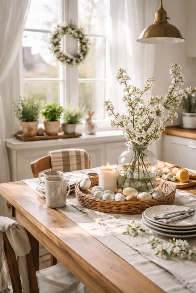 Frühlingsdeko Trends 2026 - 5 frische Ideen für dein Zuhause Helle Frühlingsküche mit Kräutern, Holzdetails und natürlicher Frühlingsdeko 2026