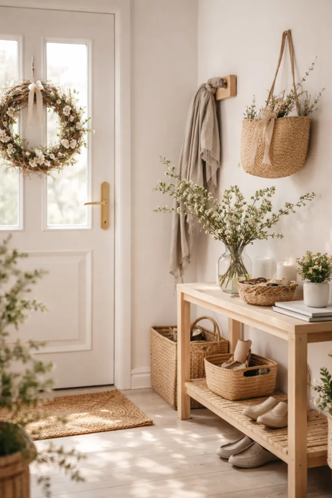Frühlingsdeko Trends 2026 - 5 frische Ideen für dein Zuhause Heller Flur mit Frühlingsdeko 2026, Weidenkranz, Blumen und Naturmaterialien