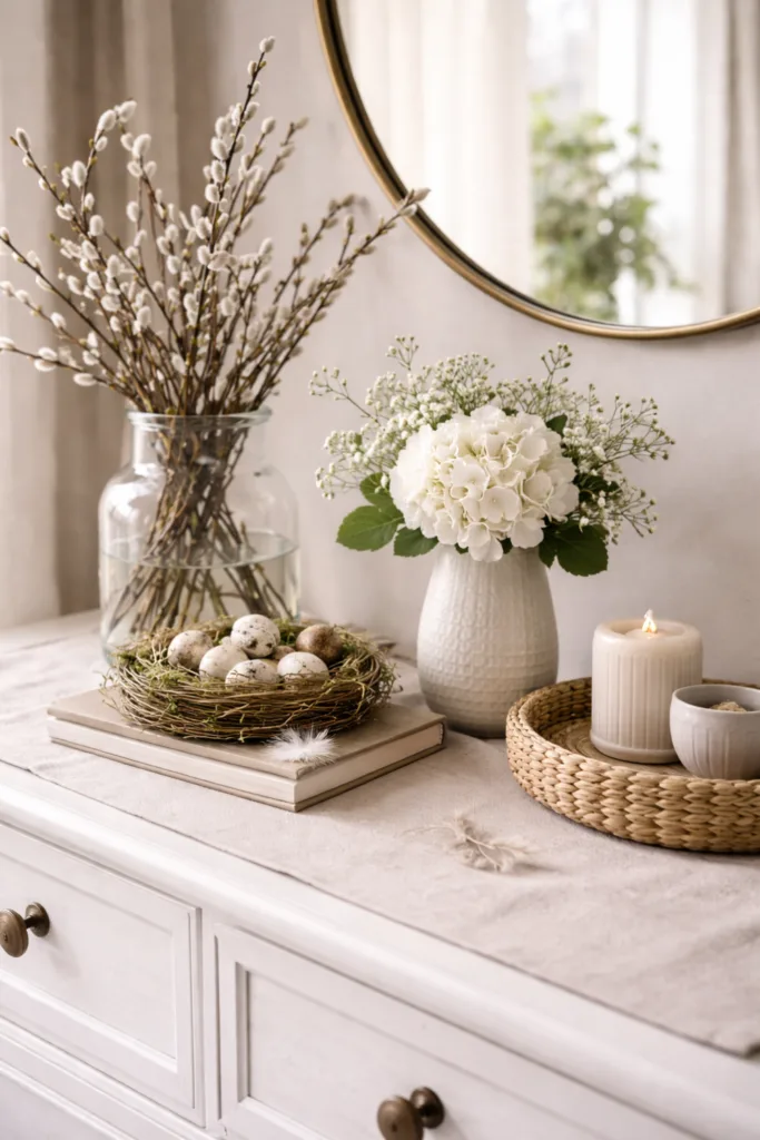 Natürliche Frühlingsdeko auf heller Kommode mit Blumen, Kerzen und sanften Farben