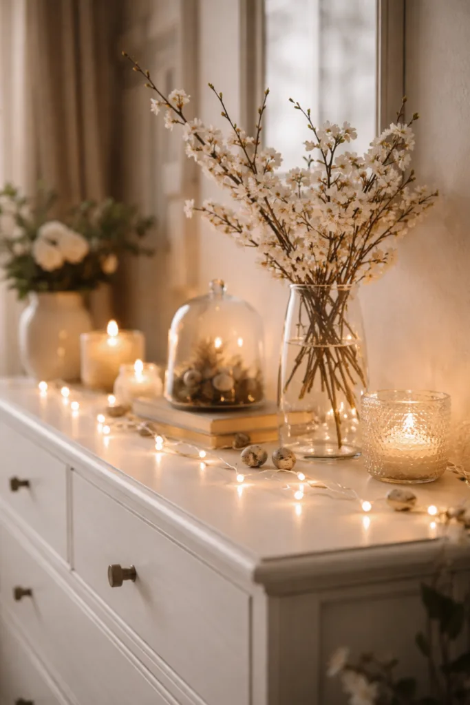 Frühlingsdeko für die Kommode mit Glasvasen, Kerzen und Lichterkette in natürlichem Licht