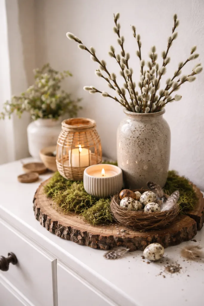 Frühlingsdeko für die Kommode mit Moos, Zweigen, Eiern und Kerzen in natürlichem Licht
