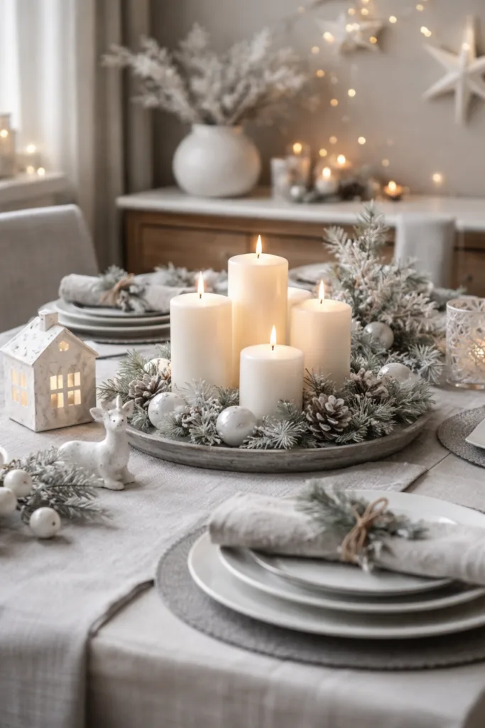 Winterdeko für den Esstisch in Weiß und Grau mit Kerzen und Naturmaterialien