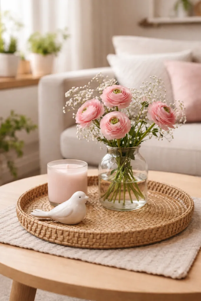 Frühlingsdeko auf dem Couchtisch mit Vase, Kerze und Vogelfigur auf Tablett