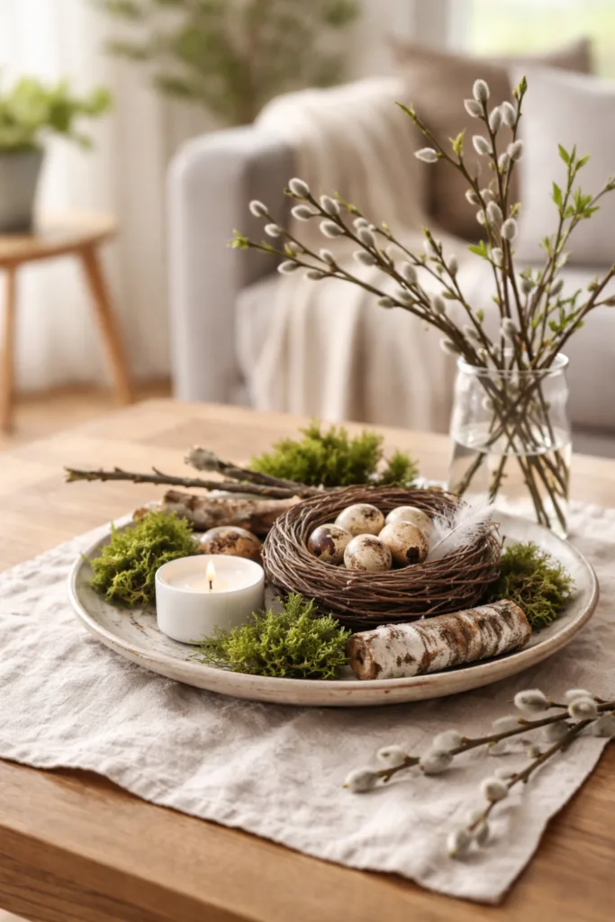 Frühlingsdeko für den Couchtisch mit Moos, Zweigen und Wachteleiern in Nestoptik
