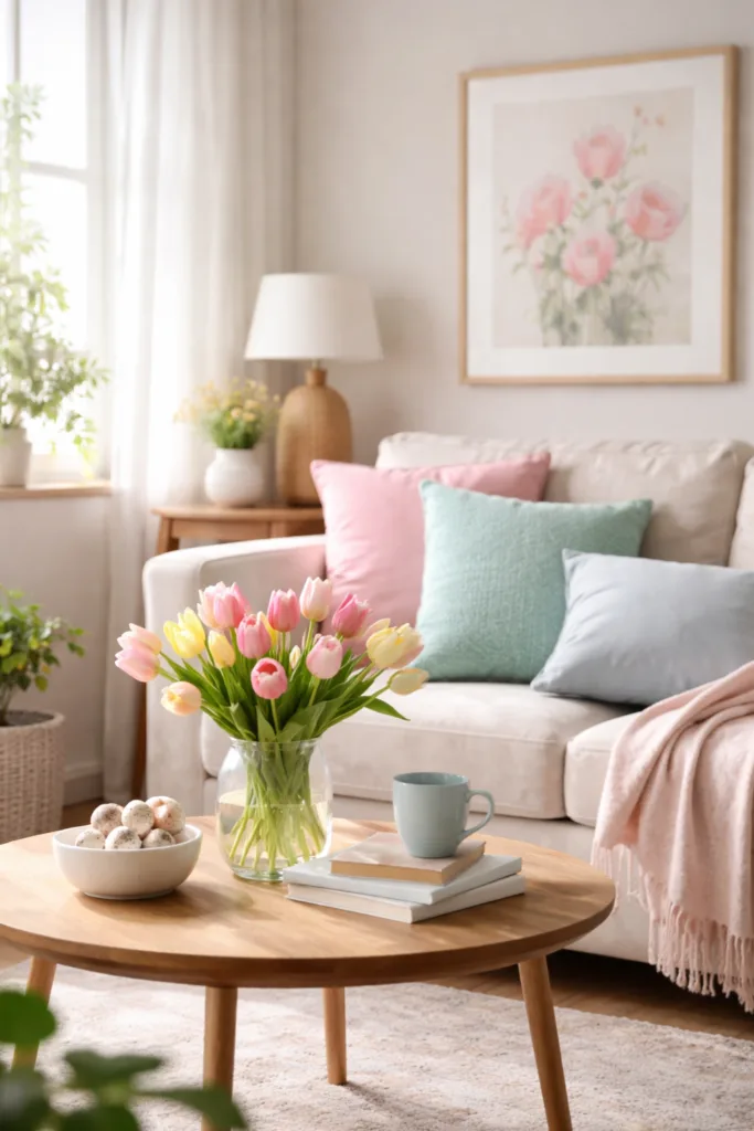 Frühlingsdeko 2026: Die 5 schönsten Ideen fürs Wohnzimmer Helles Wohnzimmer mit Frühlingsdeko, Pastellkissen, Blumen und natürlicher Einrichtung