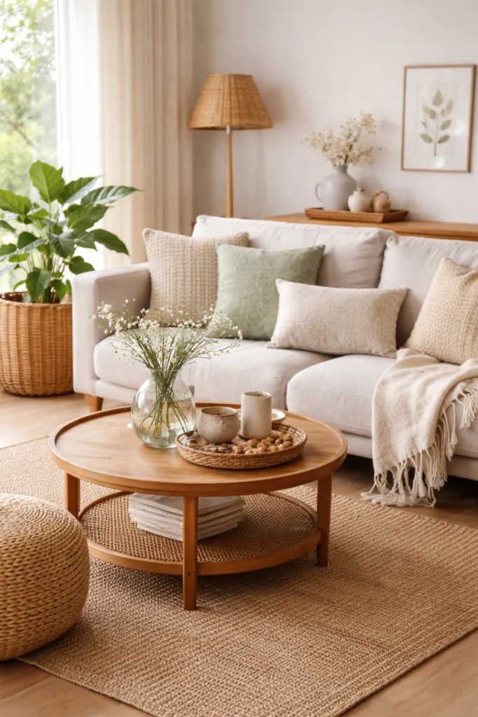 Frühlingsdeko 2026: Die 5 schönsten Ideen fürs Wohnzimmer Wohnzimmer mit Frühlingsdeko aus Holz, Rattan und Leinen in natürlichen Farben