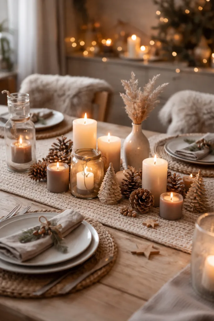 Hygge Winterdeko für den Esstisch mit Kerzen, Holz, Zapfen und Pampasgras