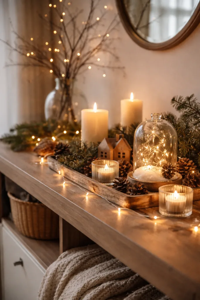 Winterdeko für das Sideboard mit Kerzen, Tannenzweigen und warmem Lichterglanz
