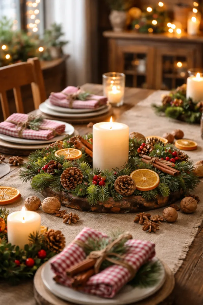 Rustikal gedeckter Esstisch mit Winterdeko aus Tannenzweigen, Kerzen und Orangenscheiben