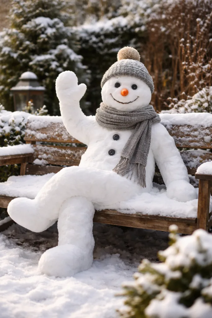 Schneemann bauen im Garten: dekorativer Schneemann sitzt auf Holzbank als winterliche Gartendeko