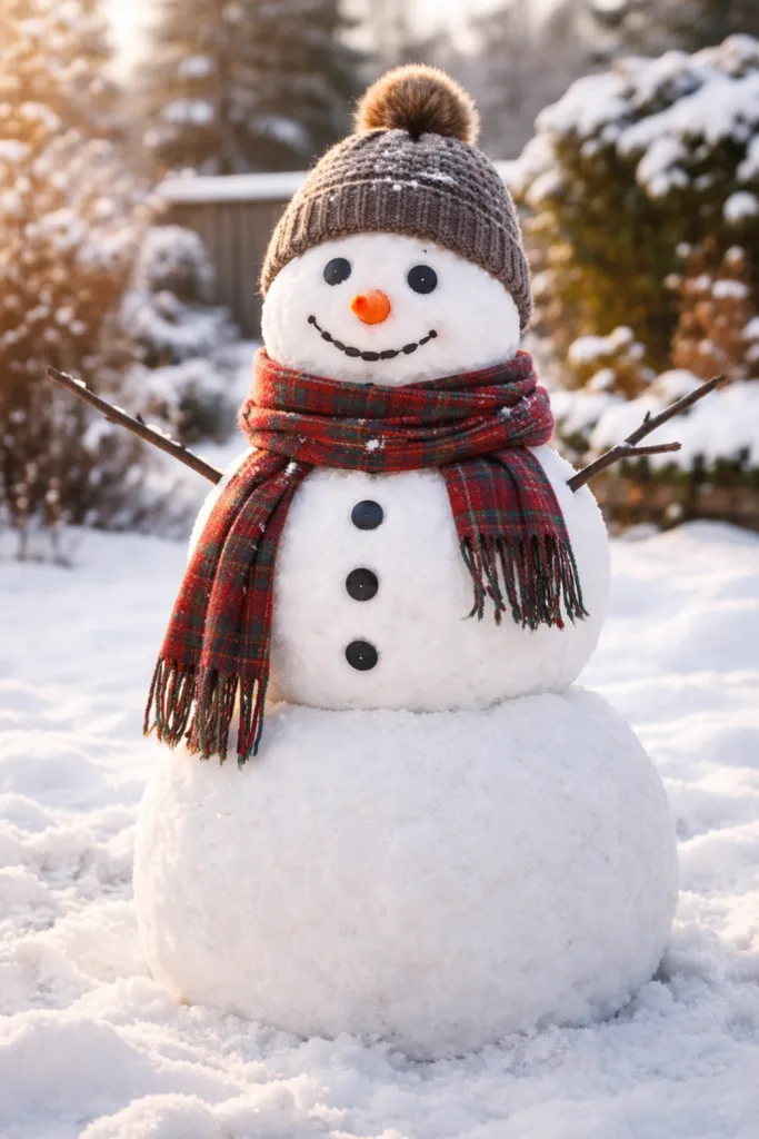 Klassischer Schneemann bauen: traditioneller Schneemann mit Schal, Mütze und Karottennase im Garten