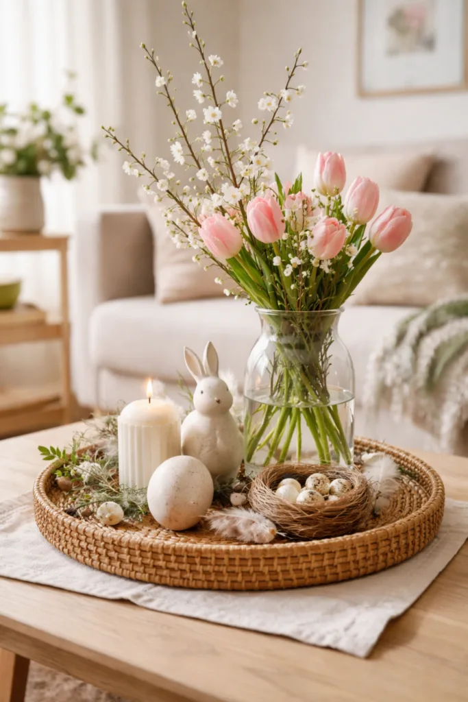 Frühlingsdeko 2026: Die 5 schönsten Ideen fürs Wohnzimmer Frühlingsdeko im Wohnzimmer mit Blumen, Kerze und natürlichen Elementen auf Holztisch