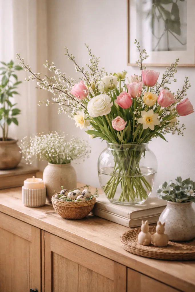 5 Ideen für deine Sideboard Frühlingsdeko, die sofort begeistert Glasvase mit Tulpen und Narzissen als frühlingshafte Deko auf dem Sideboard