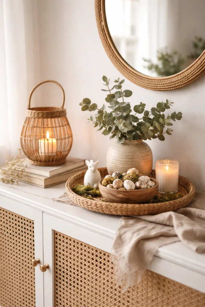 5 Ideen für deine Sideboard Frühlingsdeko, die sofort begeistert Frühlingsdeko aus Naturmaterialien mit Holzschale, Moos und Eiern auf dem Sideboard