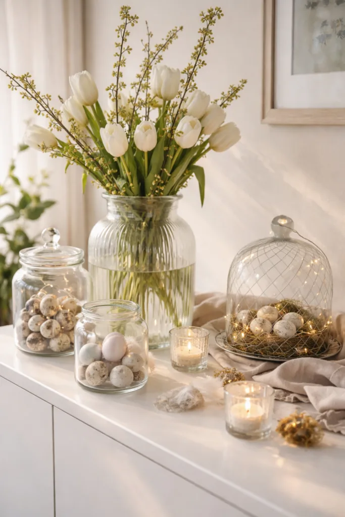 5 Ideen für deine Sideboard Frühlingsdeko, die sofort begeistert Frühlingsdeko auf dem Sideboard mit Glasvasen, Blumen und Lichterkette