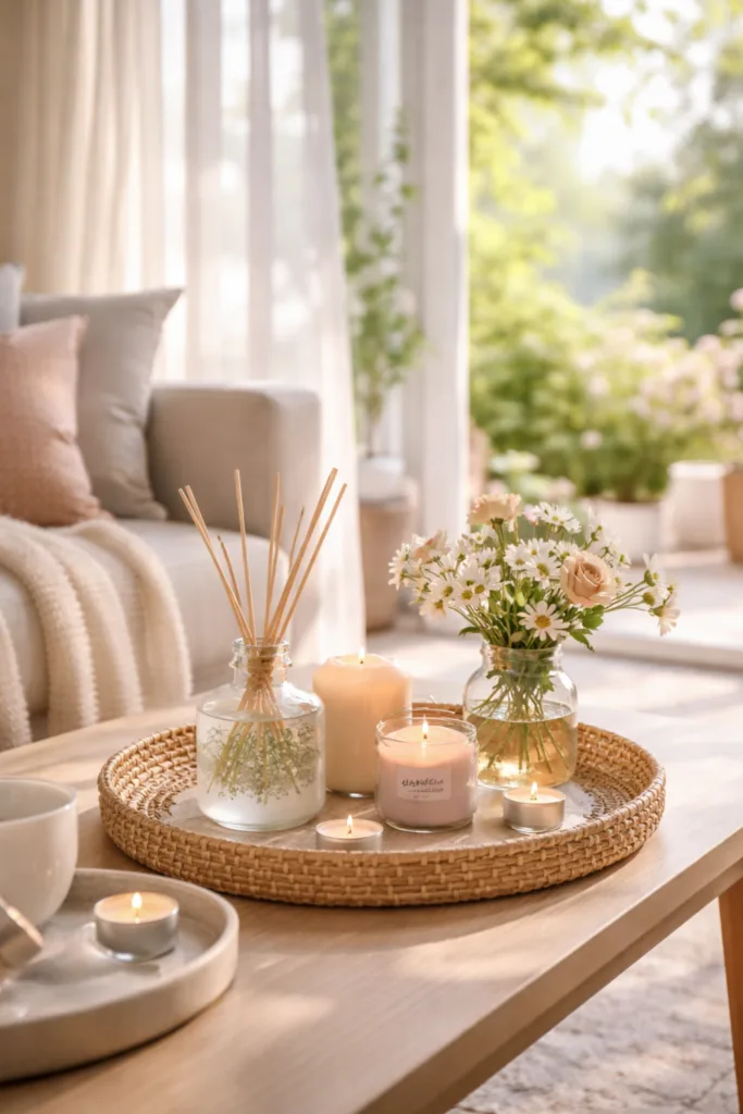 Frühlingsdeko 2026: Die 5 schönsten Ideen fürs Wohnzimmer Wohnzimmer mit Frühlingsdeko, Duftkerzen und Blumen im sanften Tageslicht