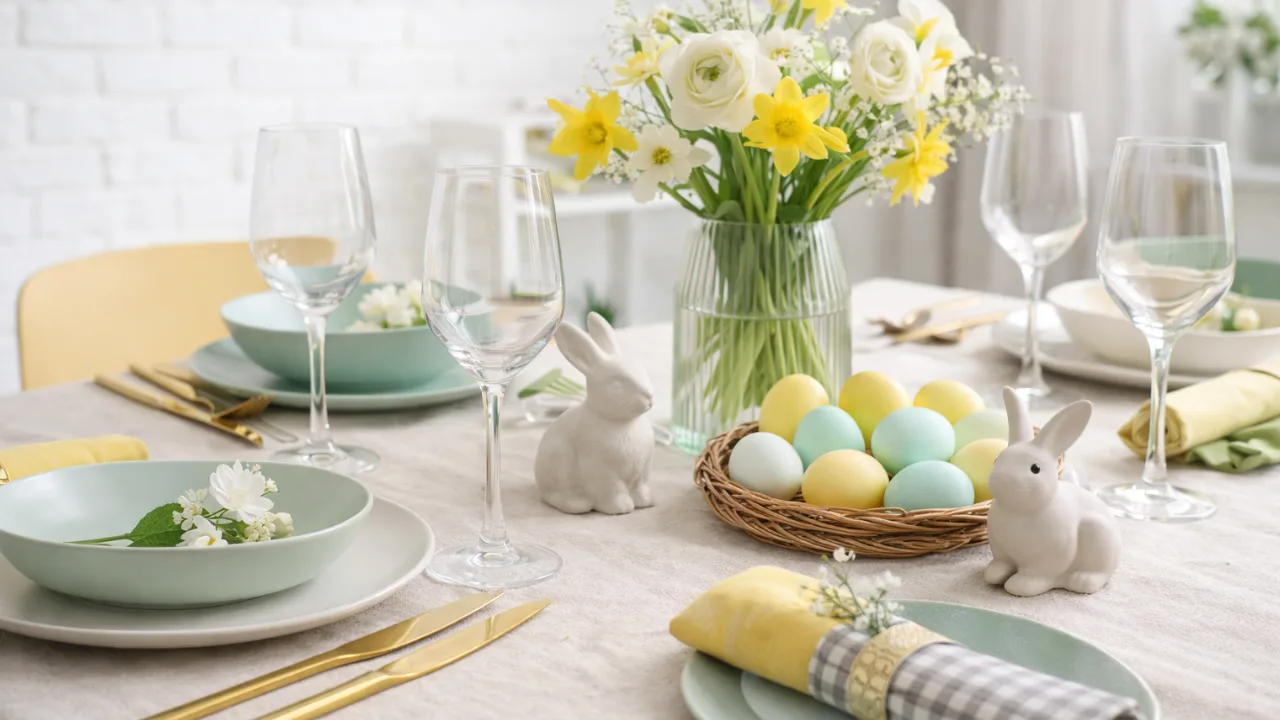 5 wundervolle Osterdeko-Ideen für deinen Esstisch Pastellfarbene Osterdeko mit Blumen, Eiern und Keramikhasen auf festlich gedecktem Esstisch
