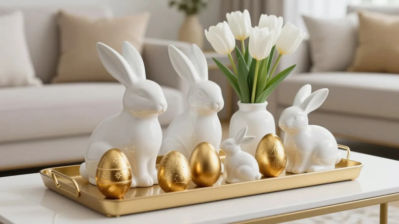 Weiße Keramikhasen und goldene Ostereier als stilvolle Osterdeko fürs Wohnzimmer auf goldenem Tablett