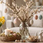 Natürliche Osterdeko mit Blumen, Eiern und Kerzen im gemütlichen Wohnzimmer