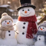 Schneemann bauen im Garten: dekorative Schneemänner mit Schal, Hut und Besen als winterliche Deko-Idee