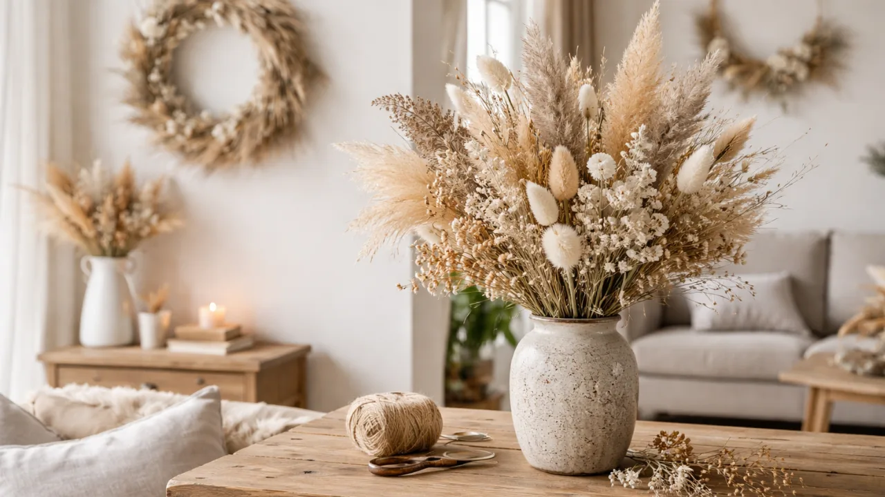 Trockenblumen Deko in Vase auf Holztisch im gemütlichen Wohnzimmer