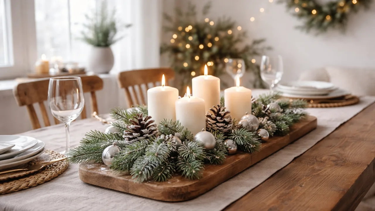 Winterdeko für den Esstisch mit Kerzen, Tannenzweigen und Zapfen in warmem Licht
