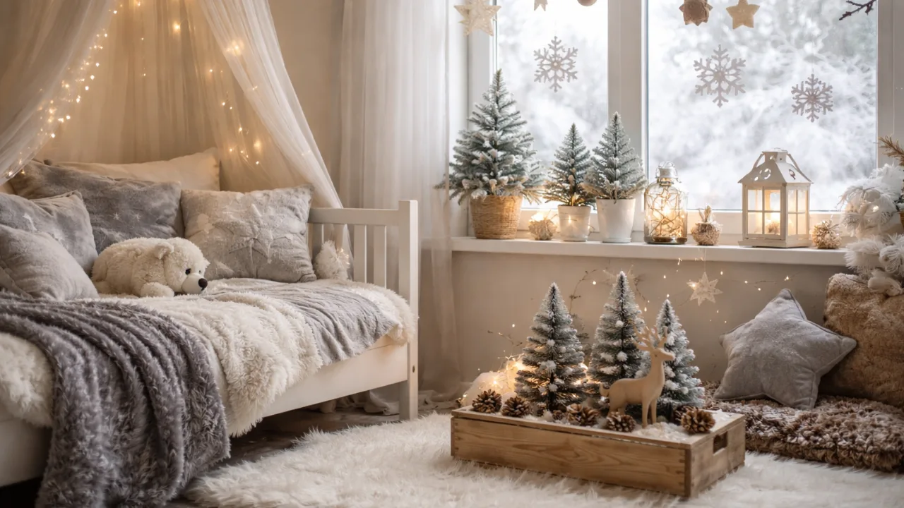 Winterlich dekoriertes Kinderzimmer mit Lichterkette, Kissen und Mini-Tannen