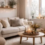 Kleines Wohnzimmer mit gemütlicher Winterdeko, Lichterkette, Kerzen und Naturmaterialien