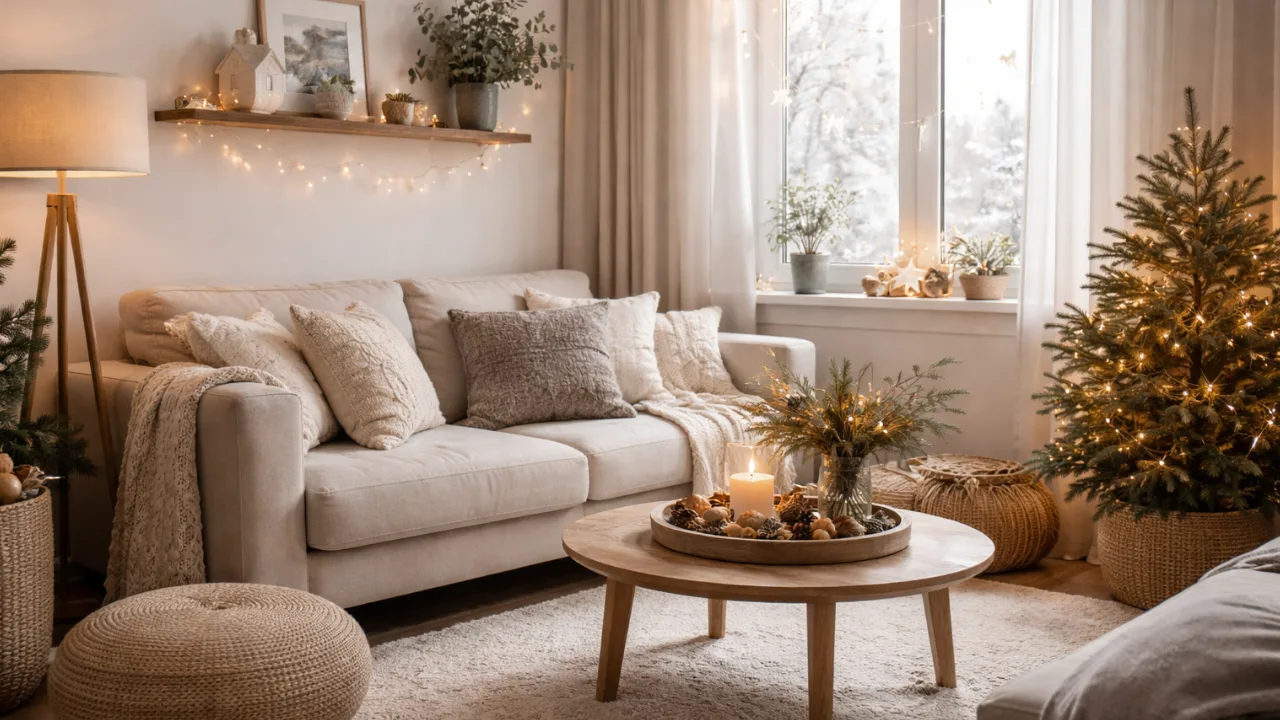 Kleines Wohnzimmer mit gemütlicher Winterdeko, Lichterkette, Kerzen und Naturmaterialien