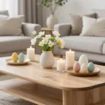 Osterdeko Wohnzimmer mit Holztisch, Pastell Eiern, Kerzen und Frühlingsblumen in natürlichem Stil