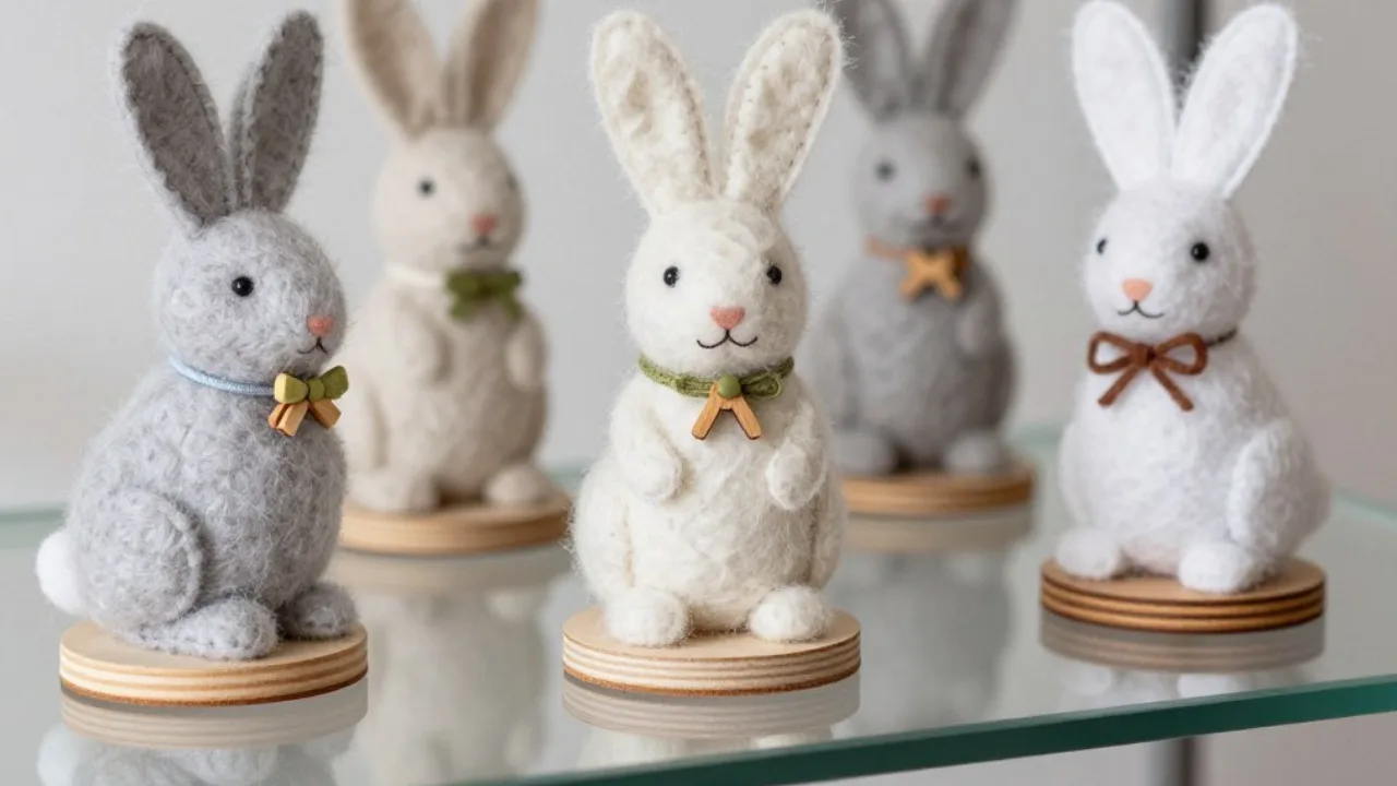 Osterdeko für Vitrine mit Filzhasen auf Holzsockeln im Glasfach dekoriert in natürlichen Farben