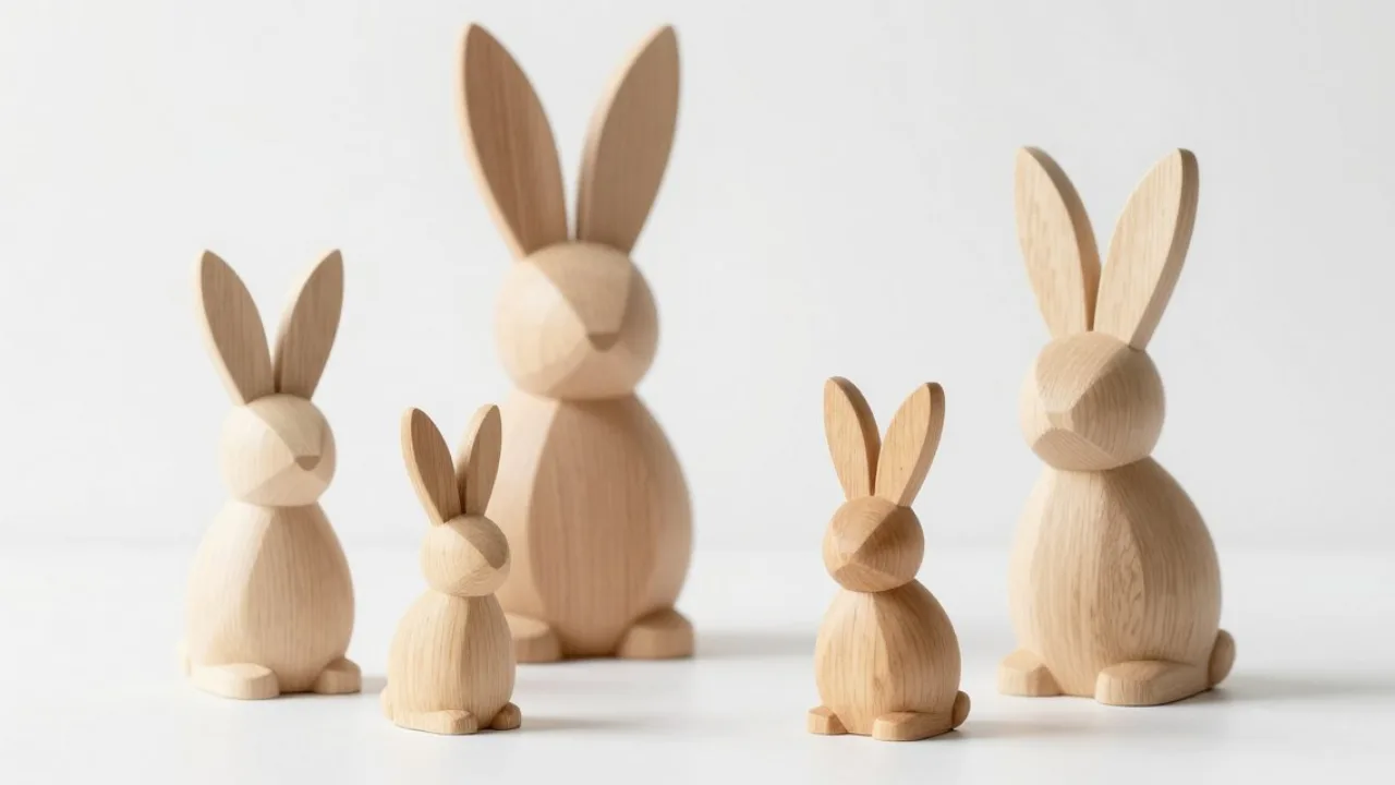 Vier Osterhasen aus Holz als moderne, minimalistische Frühlingsdeko in natürlichem Design auf hellem Hintergrund