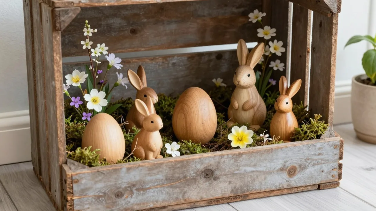 Osterdeko aus Holz in Holzkiste mit Holzhasen, Holzeiern, Moos und Frühlingsblumen in natürlicher Gestaltung