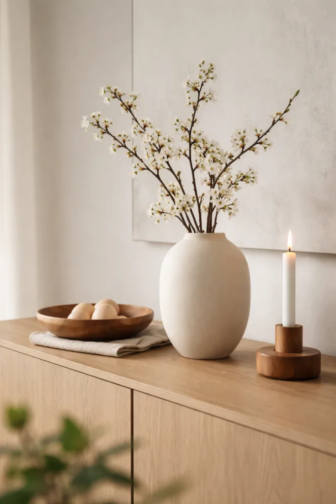Minimalistische Osterdeko auf dem Sideboard mit Keramikvase, Zweigen und Holzschale