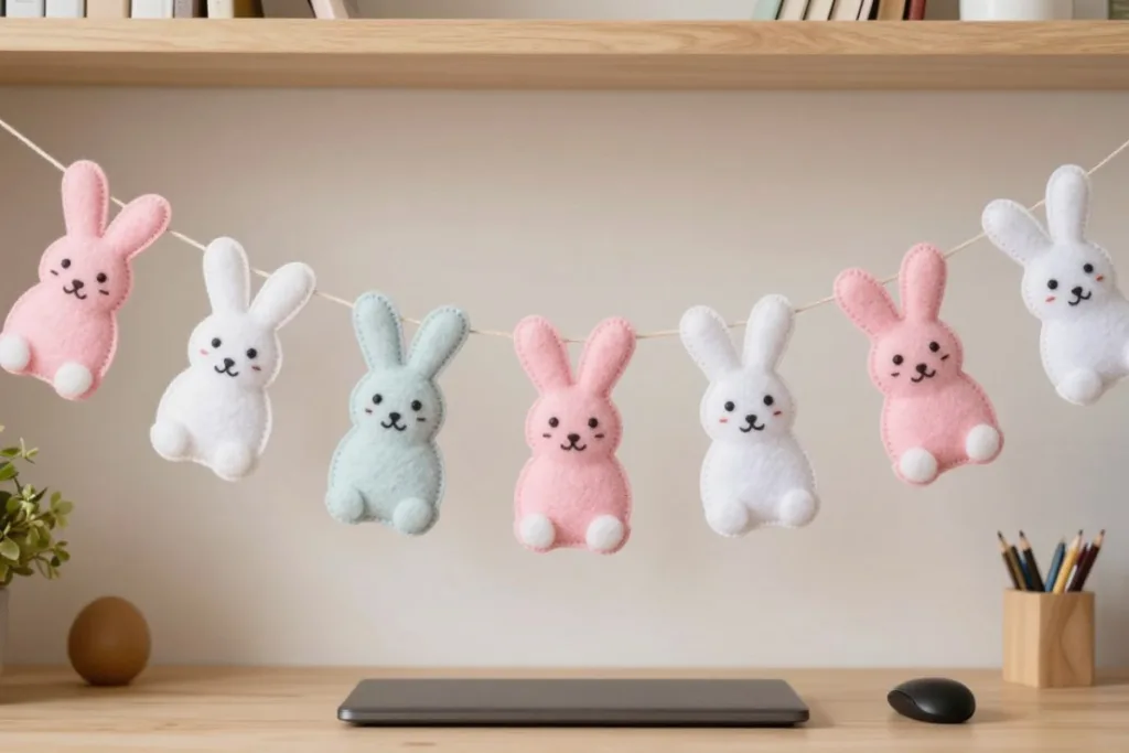 Osterdeko am Schreibtisch: Frühlingsstimmung ohne Ablenkung Osterdeko für den Schreibtisch mit pastellfarbener Hasen-Girlande über Arbeitsplatz