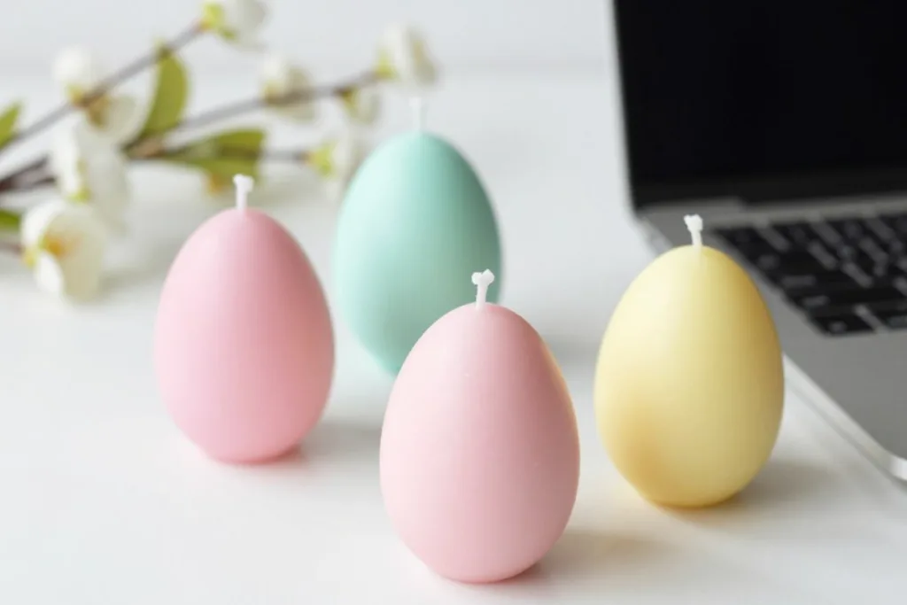 Osterdeko am Schreibtisch: Frühlingsstimmung ohne Ablenkung Osterdeko für den Schreibtisch mit pastellfarbenen Eikerzen neben Laptop