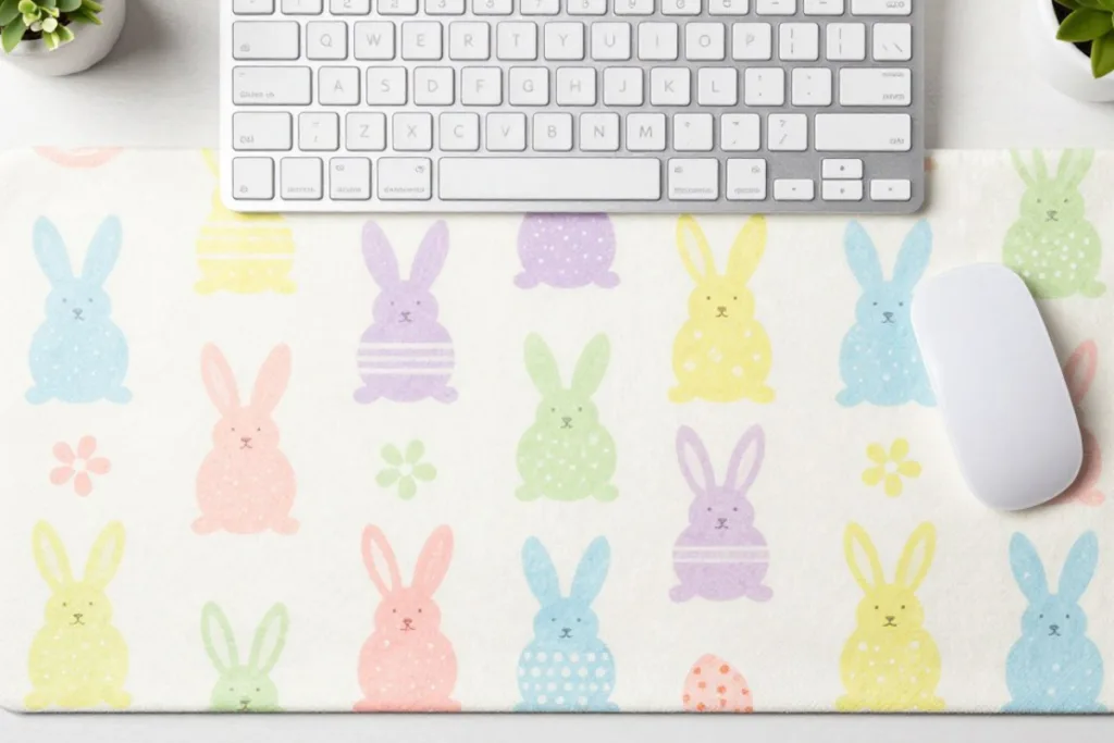 Osterdeko am Schreibtisch: Frühlingsstimmung ohne Ablenkung Osterdeko für den Schreibtisch mit pastellfarbener Hasen-Unterlage und Tastatur