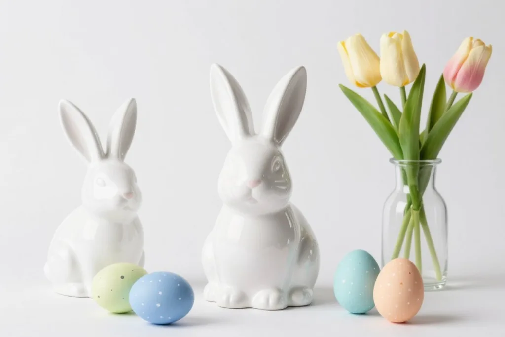 Osterdeko am Schreibtisch: Frühlingsstimmung ohne Ablenkung Osterdeko für den Schreibtisch mit weißen Keramikhasen und pastellfarbenen Eiern