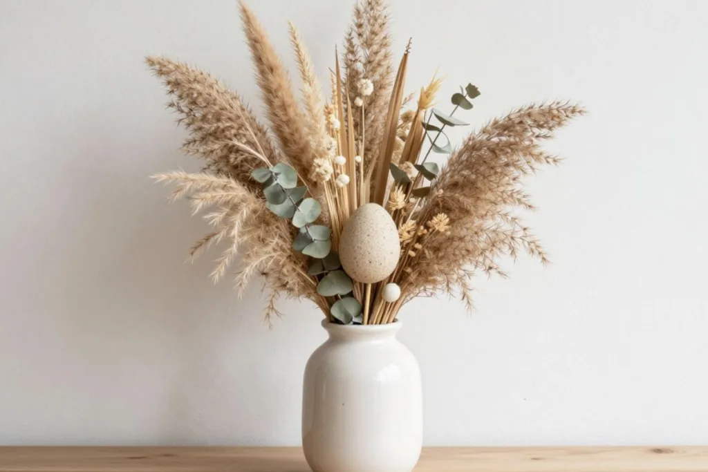 Moderne Osterdeko für dein Zuhause mit Trockenblumen, Naturmaterialien und dezentem Ei