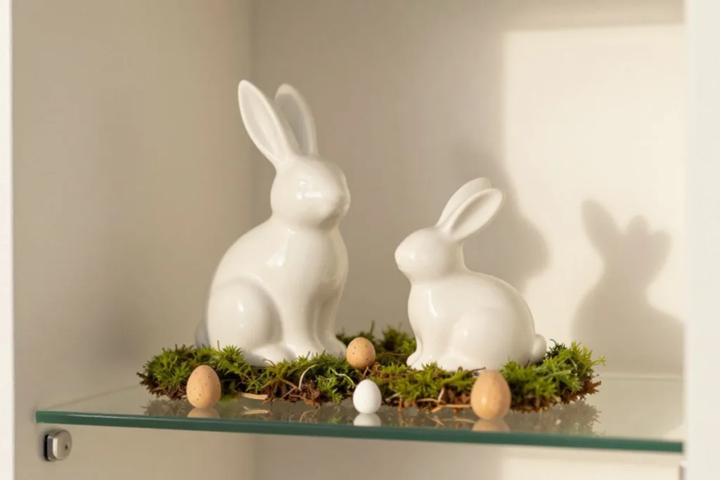 Schnell dekoriert: Osterdeko für Vitrine und leere Glasfächer Osterdeko für Vitrine mit weißen Hasenfiguren, Moos und Ostereiern im Glasfach dekoriert