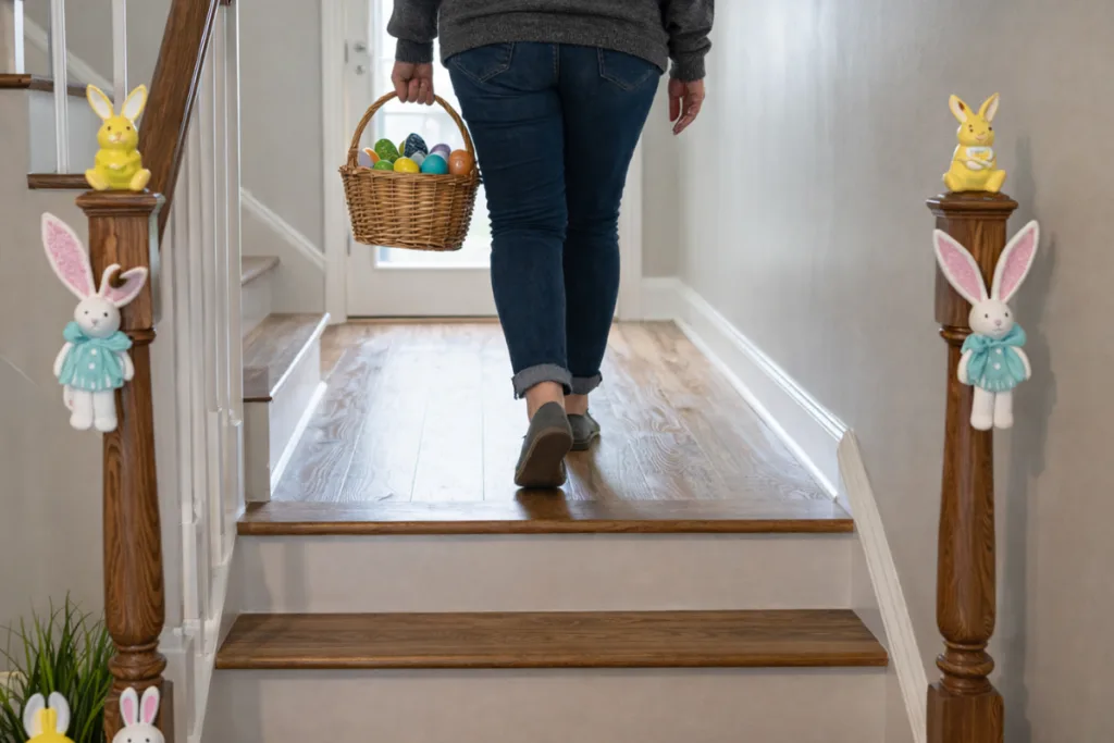Osterdeko auf Treppenstufen: So sieht es schön aus und bleibt sicher Frau mit Osterkorb geht Treppe hoch, dekoriert mit Osterhasen und Frühlingsdeko im Treppenaufgang
